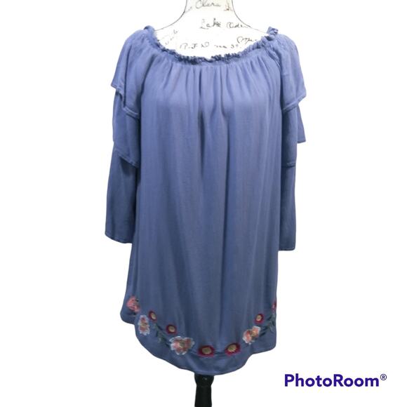 Dizzy Lizzy Blue Ruffle Off Shoulder Embroidered Dress Size M - Picture 1 of 9